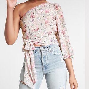 EXPRESS Floral One Shoulder Puff Sleeve Tie Waist Top size small